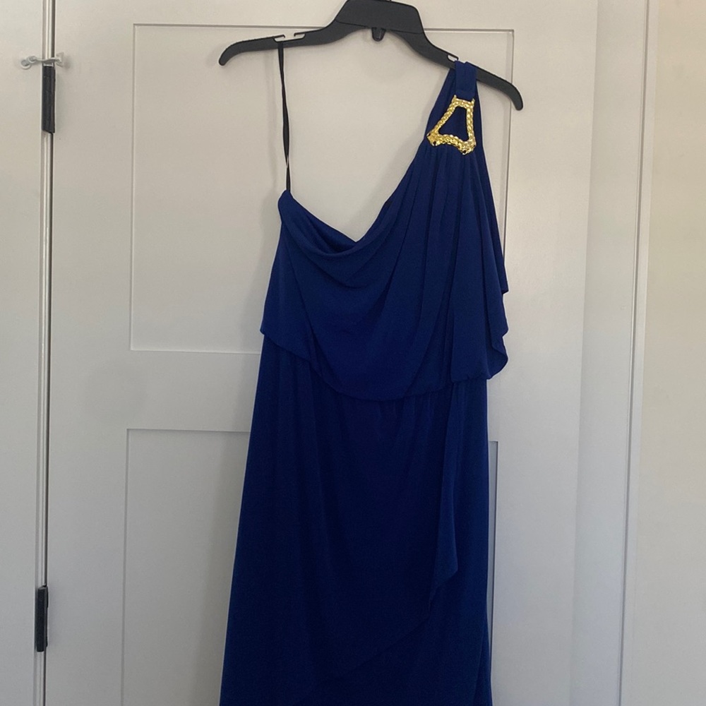 Off the shoulder blue dress with gold appliqué on the one shoulder I
